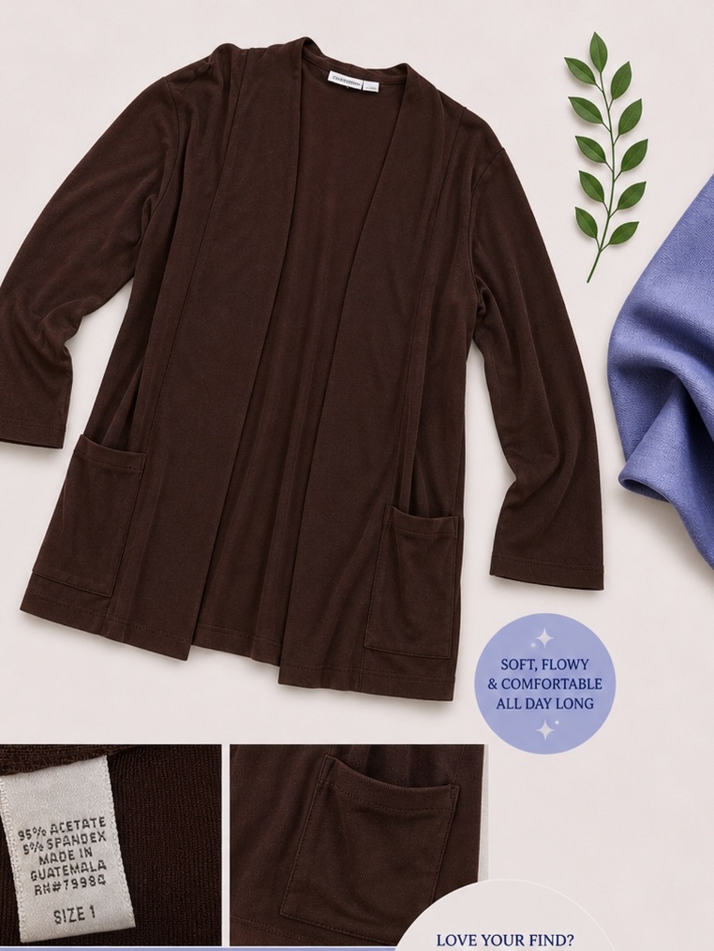 Women’s Open-Front Brown Cardigan with Pockets